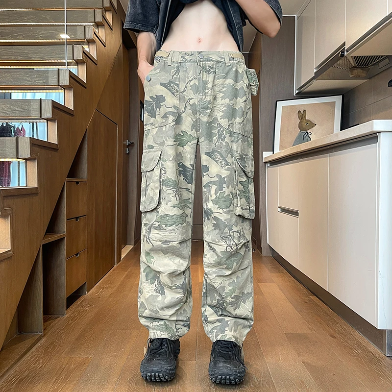 New 2024 Summer Men's Camouflage Cotton Work Pants Loose Fit Wide Leg Cargo Pants Casual Trousers