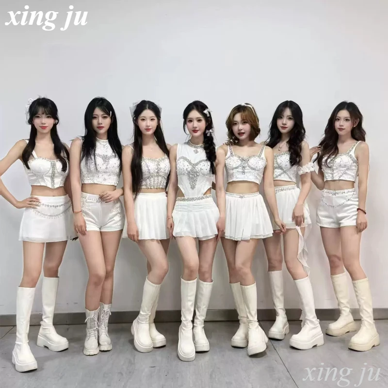 

Xing Ju Kpop Women Group Jazz Dance Costume Pink White Halter Tops Tutu Skirt Luxury Diamond Outfits Birthday Party Stage Wear