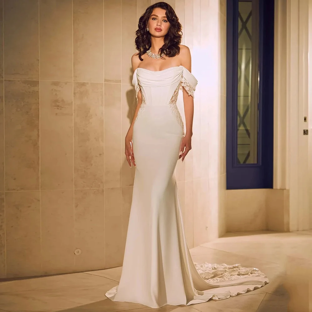 

Customized Jersey Mermaid Wedding Dresses for Bride Exquisite Strapless Lace Appliques Court Train Off the Shoulder Bridal Gowns