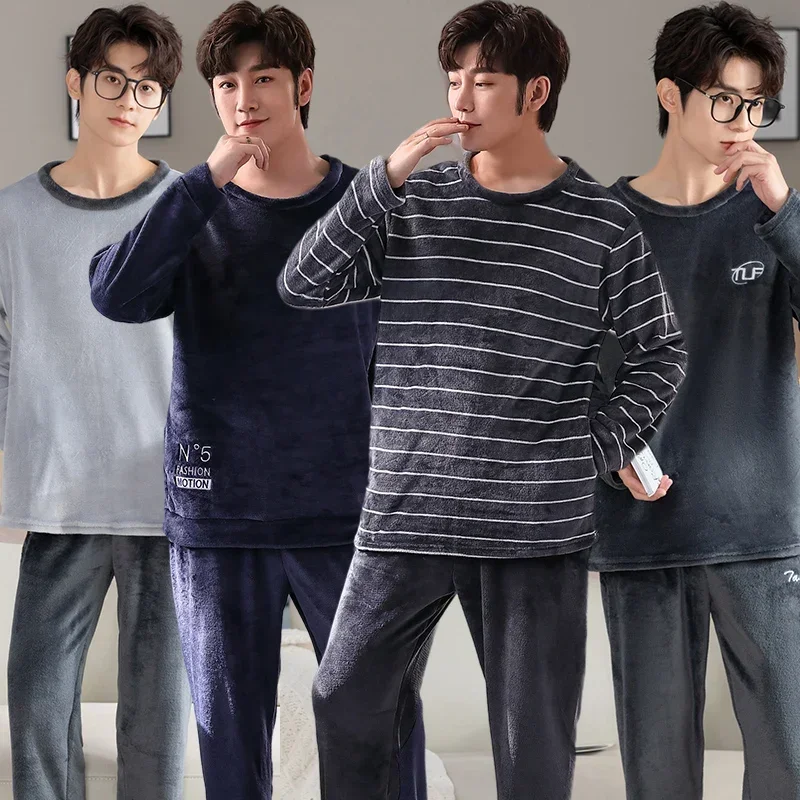 

2023 Winter Thick Warm Long Sleeve Flannel Pajama Set for Men Casual Striped Coral Velvet Sleepwear Pyjama Homewear Home Clothes