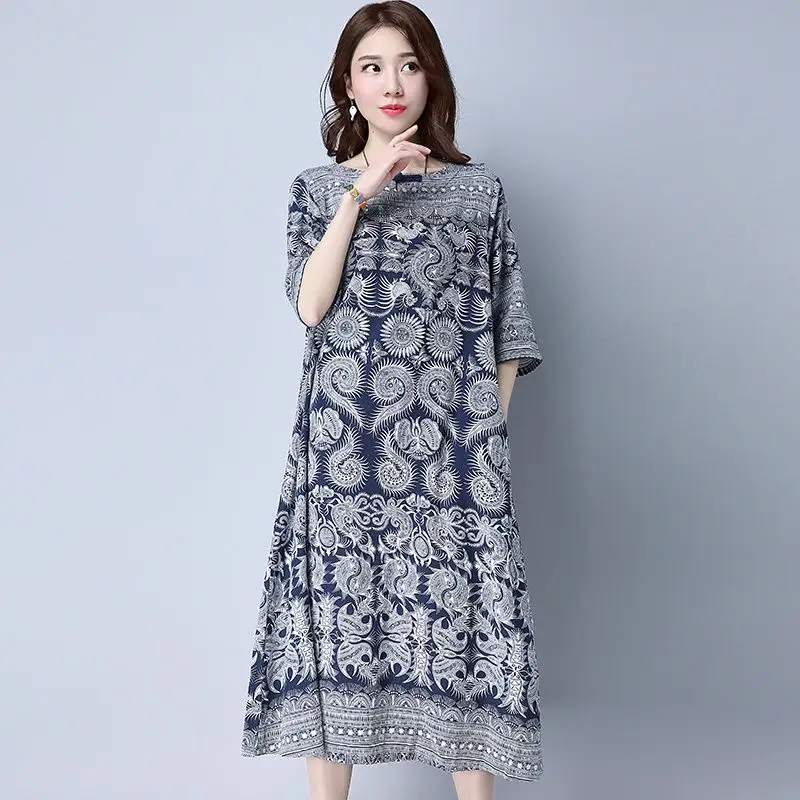 Robe mi-longue en lin pour femmes, vêtements surdimensionnés, ample, imprimé, Vintage, bureau, col rond, manches courtes, t-shirt fin, été