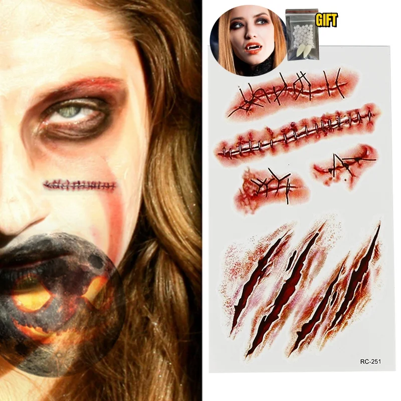 3D Fake Scar Tattoos Sticker Body Face Realistic Scab Temporary Tattoos Halloween Horror Wound Bloody DIY Makeup Stickers