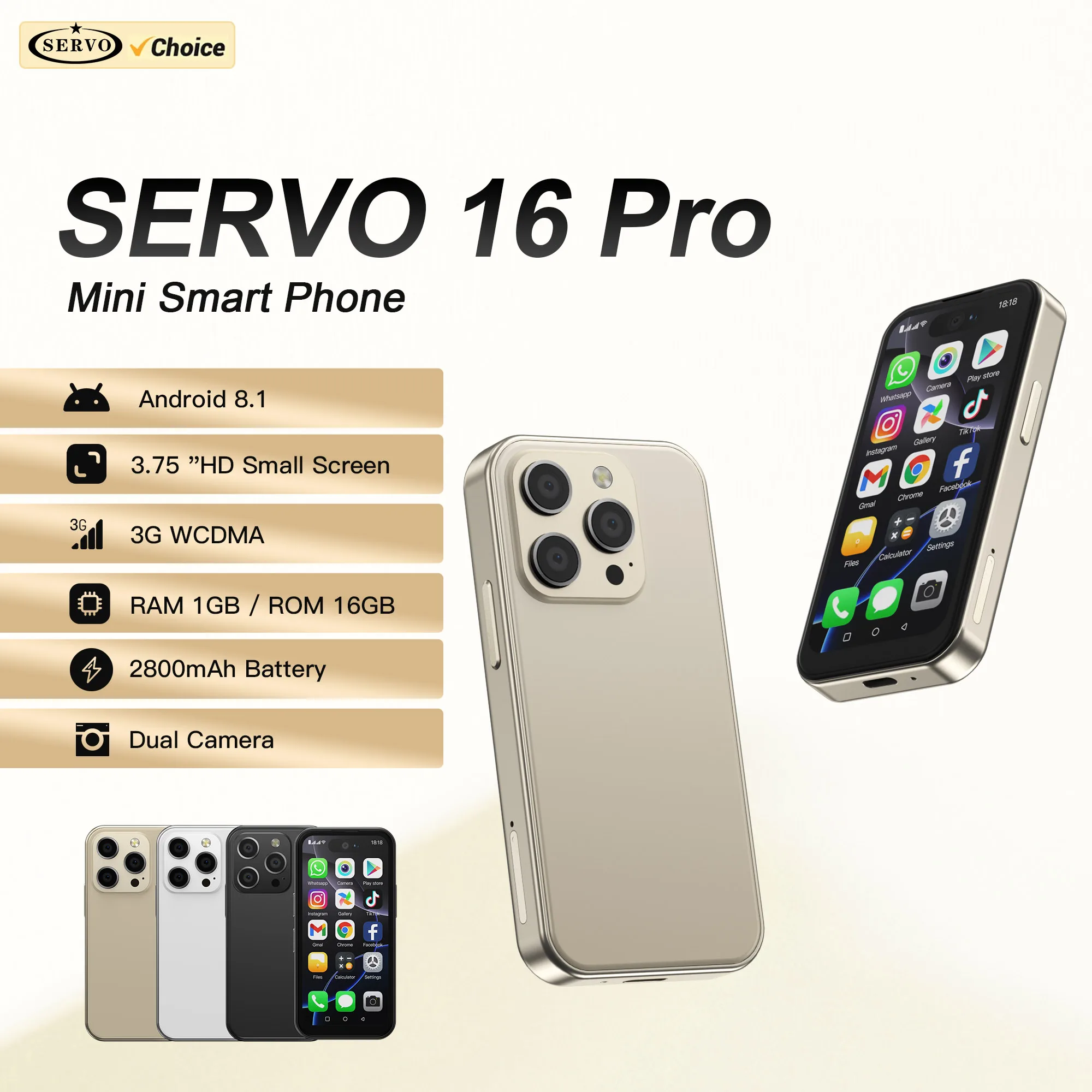 SERVO 16PRO 3G Mini Smartphone Android System 16GB ROM Play Store WhatsAPP WiFi Hotspot GPS 2 SIM 3.75