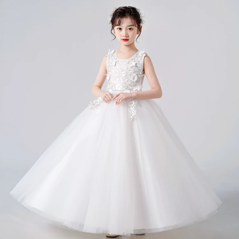 Child Girl Dress Flower Mesh Sleeveless Costume Princess Dress Sweet Tutu Skirt Summer White Green One Piece