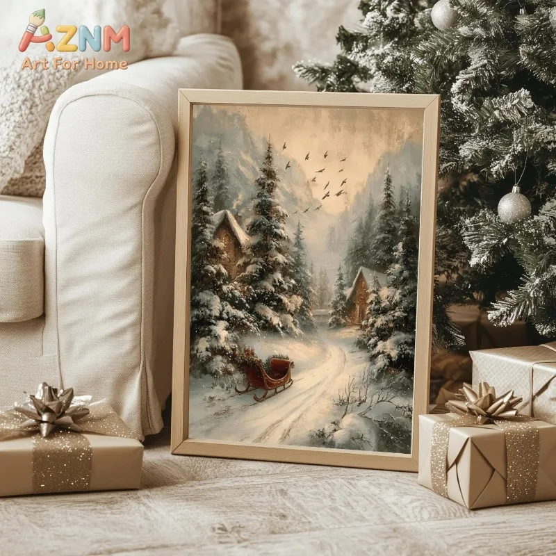 Vintage Winter Snowy Mountain Canvas Wall Art Sleigh Forest Scene Rustic Christmas Holiday Wall Print Unframed Canvas Poster
