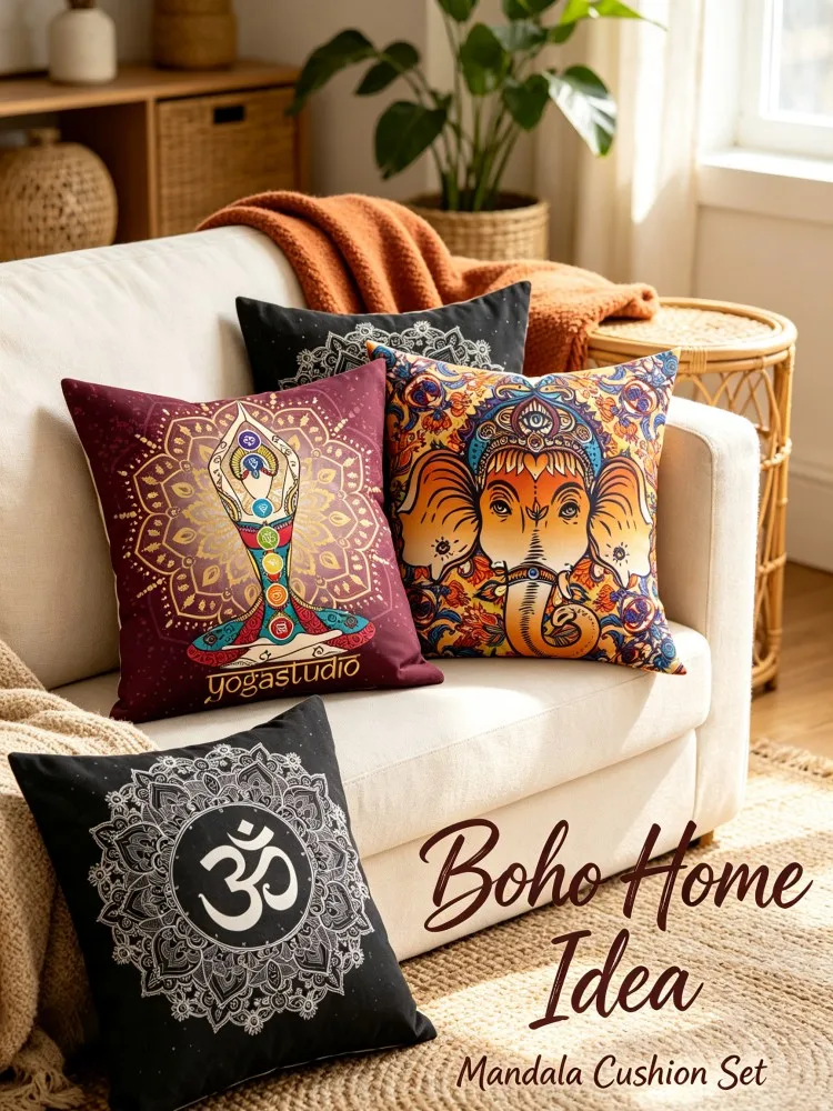Boho Yoga Mandala Cushion Cover Set Ganesha Om Symbol Chakra Meditation Print Pillow Cover 45x45cm Home Sofa Bedroom Decorative