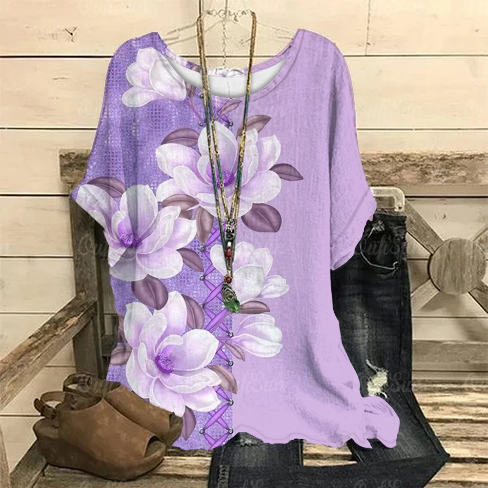 Women O-Neck T-Shirts Floral Print Casual Pullover Loose Short Sleeves Purple Oversized Tee Shirt Female Fashion Clothing Summer