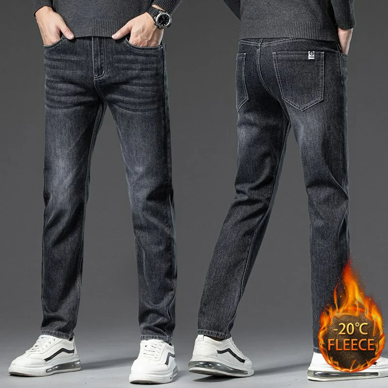 メンズ秋冬暖かいフリース裏地付き厚手ストレッチソリッドジーンズビジネスカジュアルジーンズ軽量パンツオフィス日常着