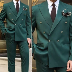 Formal Green Men Suits Tuxedo Peaked Lapel Double Breasted Pockets Customized 2 Piece Blazer Pants Tailored Handsome Business