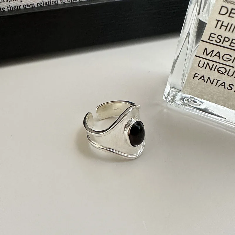 

S925 Sterling Silver Wide Ring Black Agate Korean Simple Design Oval Shape Wedding Engagement Party Pearl Little Red Book