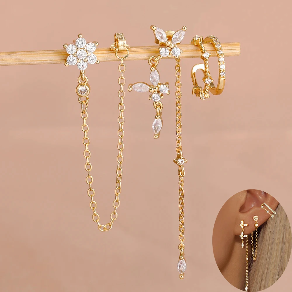 3PCS Flower Butterfly Tassel Chain Dangle Earrings Set For Women Zircon False Perforation Ear Clip Hypoallerg Statement Jewelry
