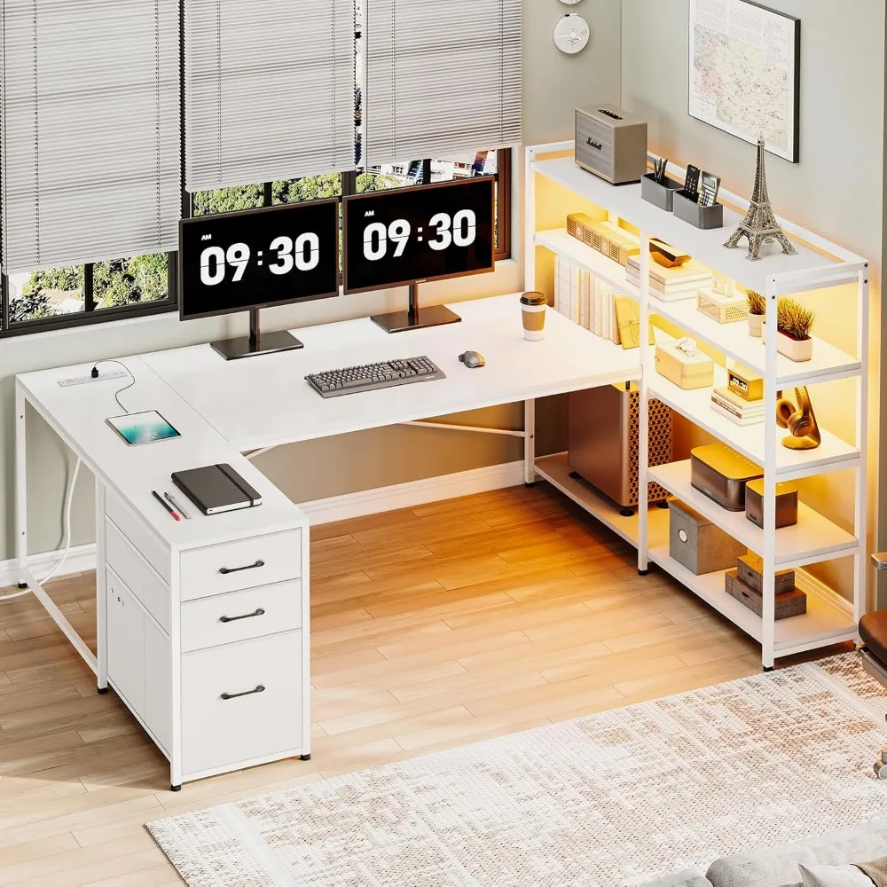 

White Computer Desk with Drawers, 64.5" Reversible Office Desk with Fabric File Drawer, Corner Computer Desk with Power Outlet