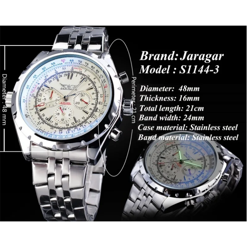 JARAGAR 212 Men's Automatic Mechanical Watch Date Chronograph Luminous Waterproof Stainless Steel Elegant Business Men Watches