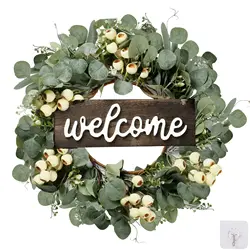 Green Artificial Eucalyptus Wreath with Welcome Sign Spring Summer Wreath with White Berries for Front Door Wall Window Decor