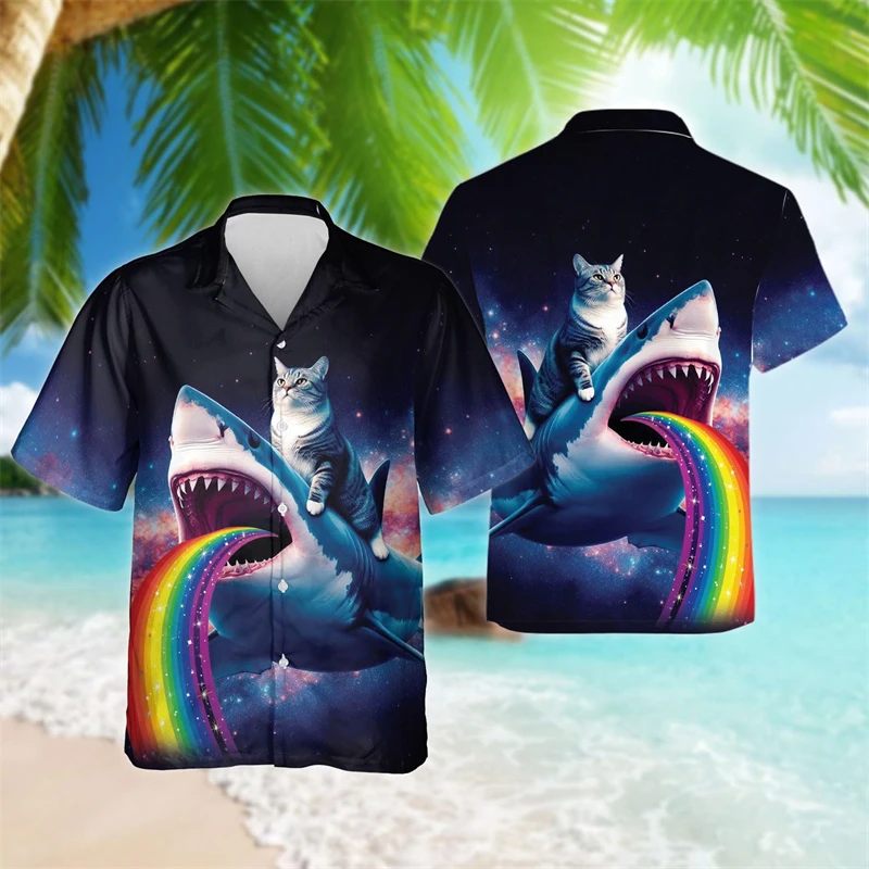 Fashion Shark 3D Printed Shirts For Men Clothes Hip Hop Male Streetwear Funny Animal Short Sleeve Sea Animal Lapel Blouse Tops