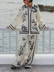 Woman Fashion Summer Casual Satin Print Turndown Collar Long Sleeve Tops Vintage Elastic Waist Wide Leg Pants Suit