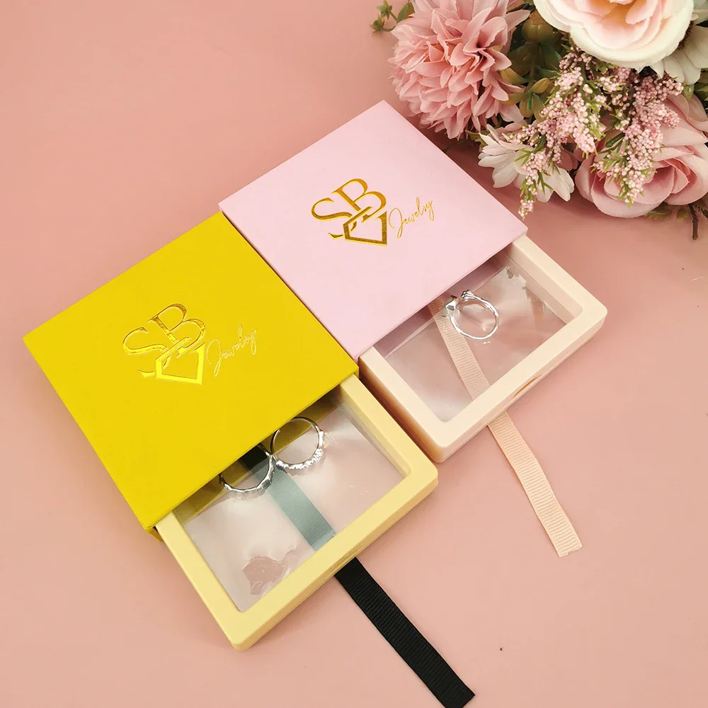 Custom Logo Suspension Drawer Boxes Personalized Paper Jewelry Case Wedding Film Necklace Bracelet, Rings Portable Storage 20Pcs