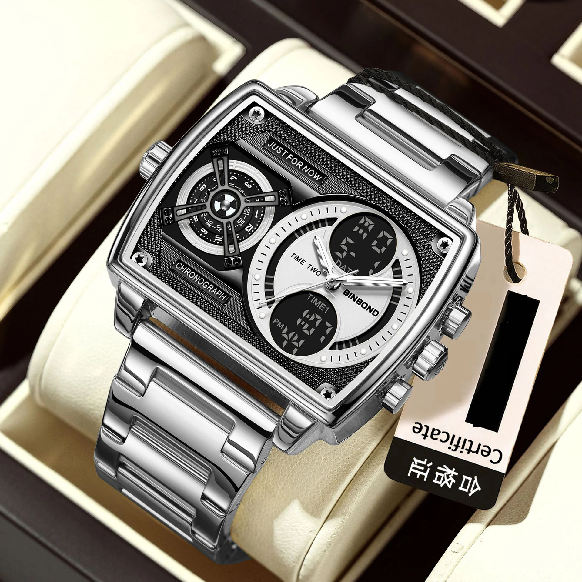 Multifunction Quartz Watch for Men with Steel Band Waterproof Luminous Rectangular Folding Clasp New Style