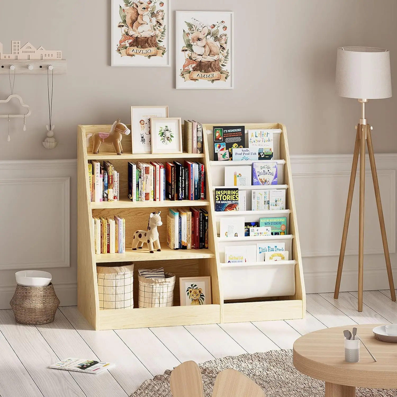 Étagère en bois pour enfants, bibliothèque à cinq couches pour enfants, livre de rangement pour bébé T1, coffre d'évaluateur de livres et de jouets, affichage de livres