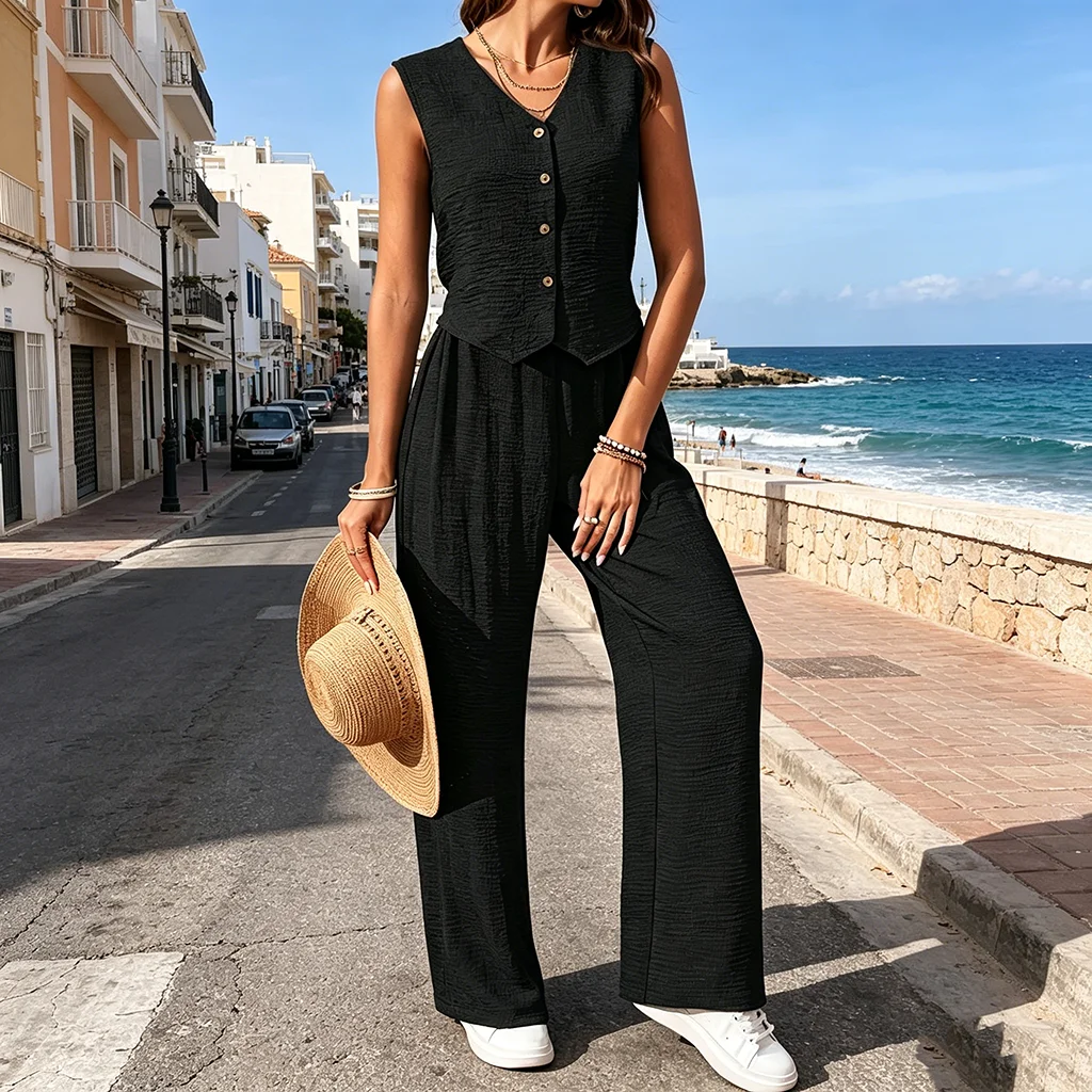 Elegant Office Holiday Two Piece Set Women Sleeveless V Neck Waistcoat Solid Black Textured Loose Wide Leg Trousers Street Match