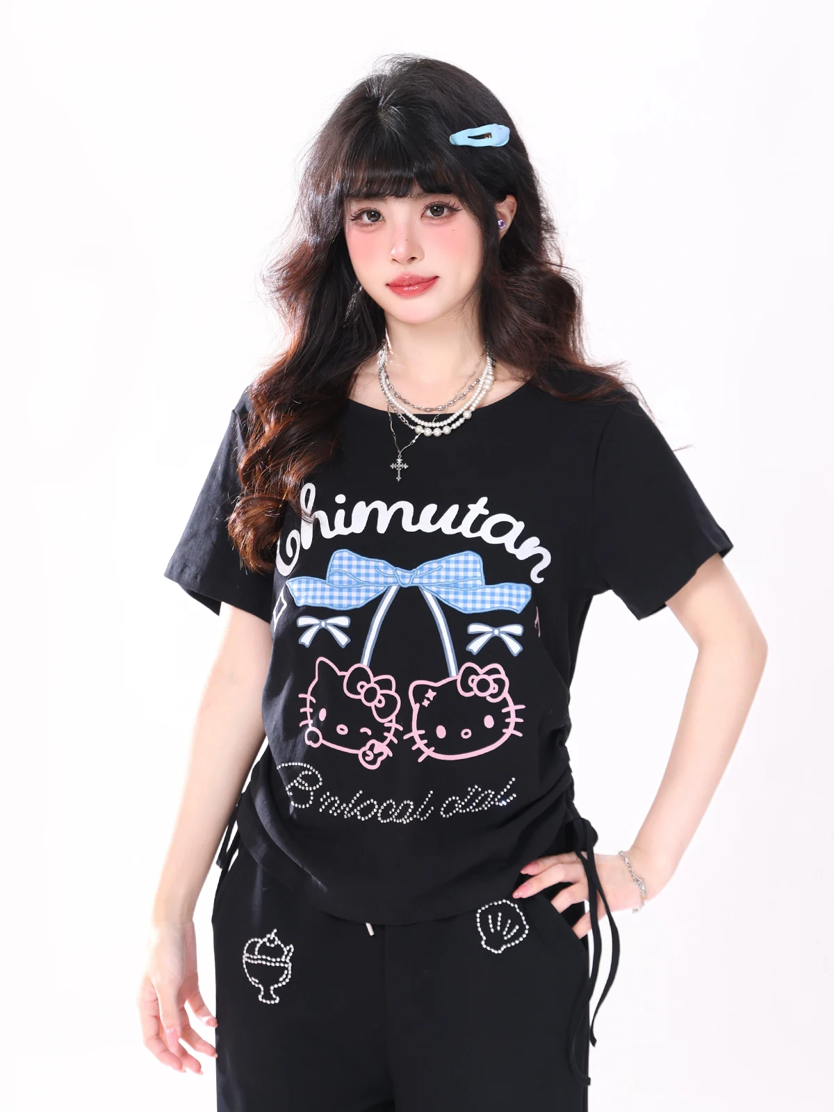 

Милая женская летняя футболка с коротким рукавом, вышивкой в виде узлов и завязками на талии, универсальный топ для стройности фигуры