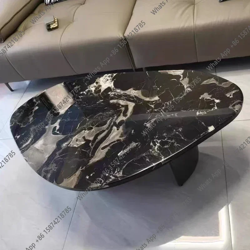 X68 Designer Round Natural Marble Coffee Table For Living Room Office, Modern Luxury Metal Base Oval Center Table