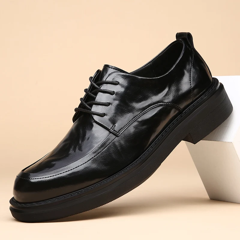 

Classic Black New Men's Round Toe Thick Soled Derby Shoes Fashion Brand Men's Comfortable Lace Up Leather Business Dress Shoes