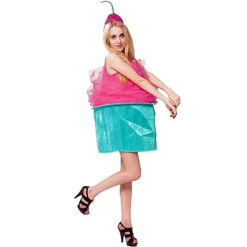 Women Cupcake Costumes Funny Food Halloween Cosplay Suit Dresses with Hat for Role-Playing Party Cosplay Outfits