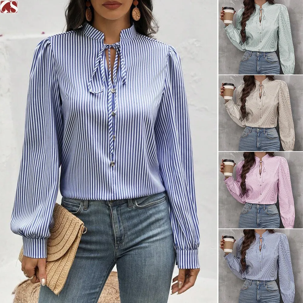 

2024 Autumn New Women's Shirt Half Open Collar Strap Hoodie Long Sleeve Temperament Commuting Office Striped Shirt