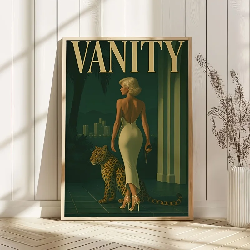Retro leopard and blonde lady canvas wall decoration painting, 2D print