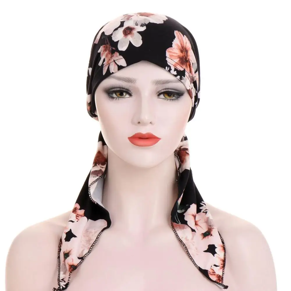 Pañuelo de cabeza con estampado de flores para mujer, gorro de quimio, turbante, Hijab musulmán, envoltura para la cabeza