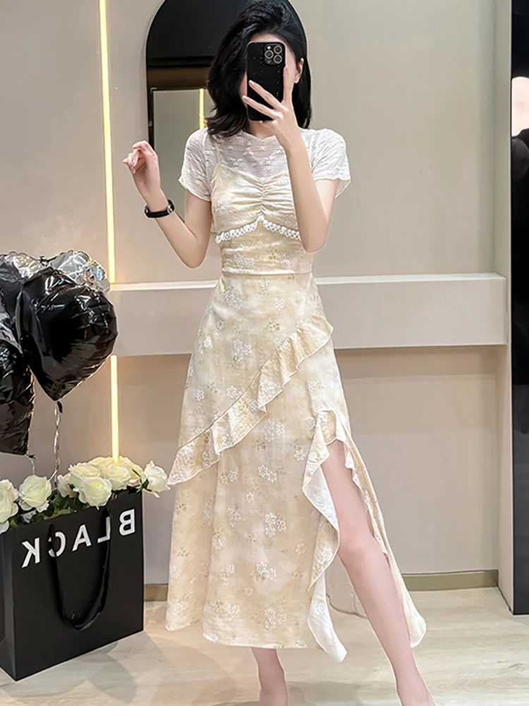 Zomer Vrouwen Koreaanse Mode Elegante Casual Vakantie Jurk Past 2025, Nieuwe Bloemen Chiffon Verstoorde Sling Jurk + Kant Top Shirts Suits