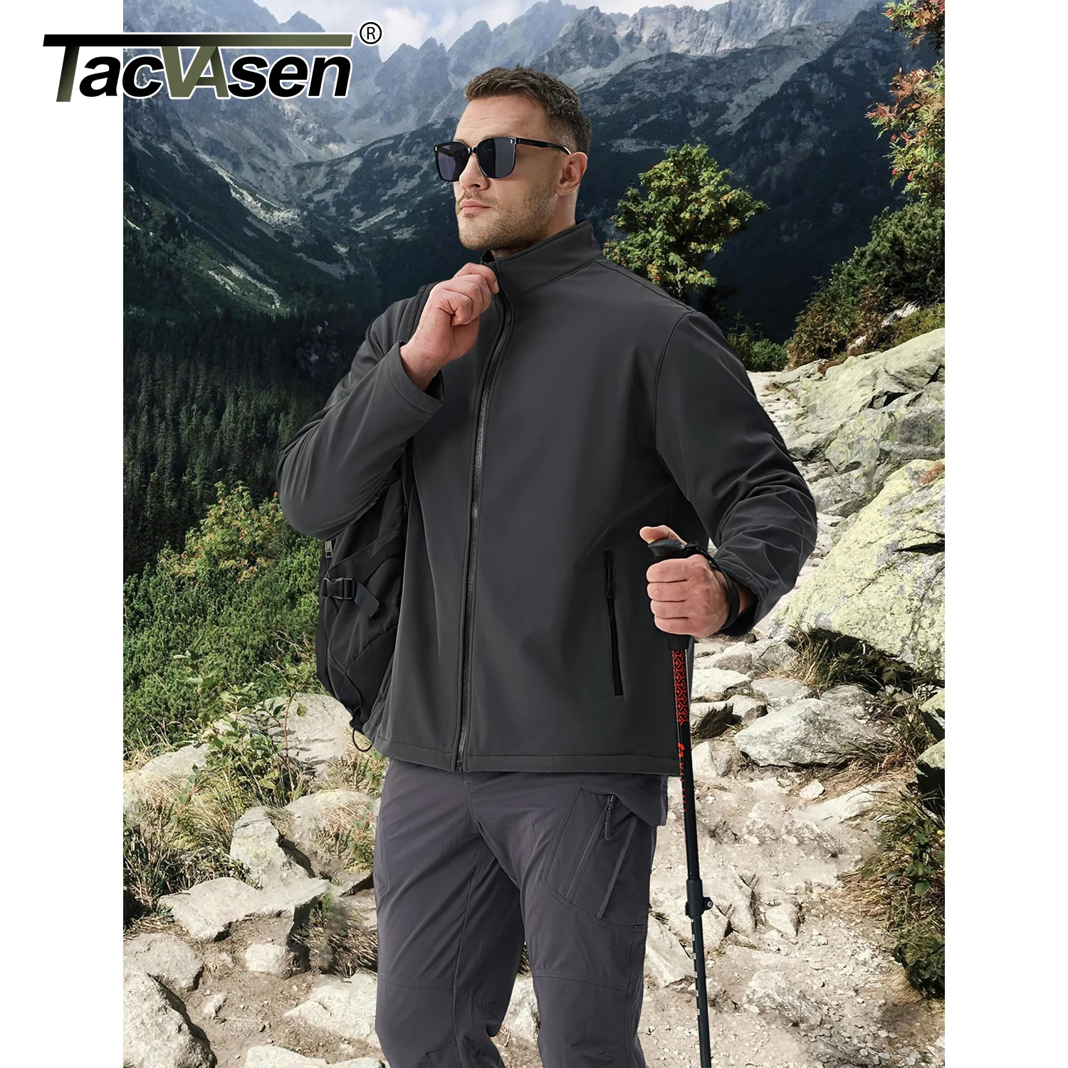 TACVASEN Fleece Lined Softshell Jacket Men's Full Zip Up Rain Jacket Outdoor Work Jacket Spring Trekking Hiking Windbreaker Male