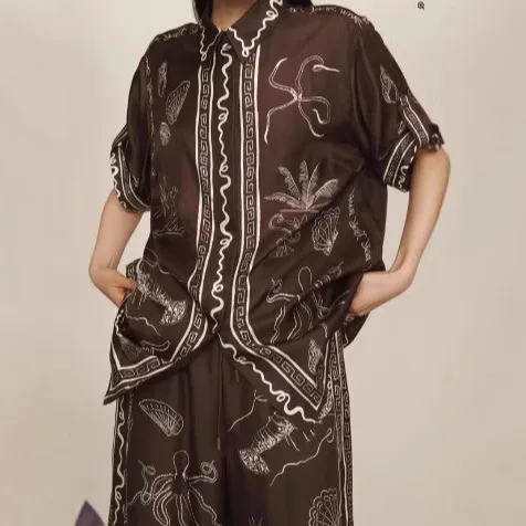 Cross border 2026 fashion cotton and linen printed short sleeved shirt vacation loose casual set