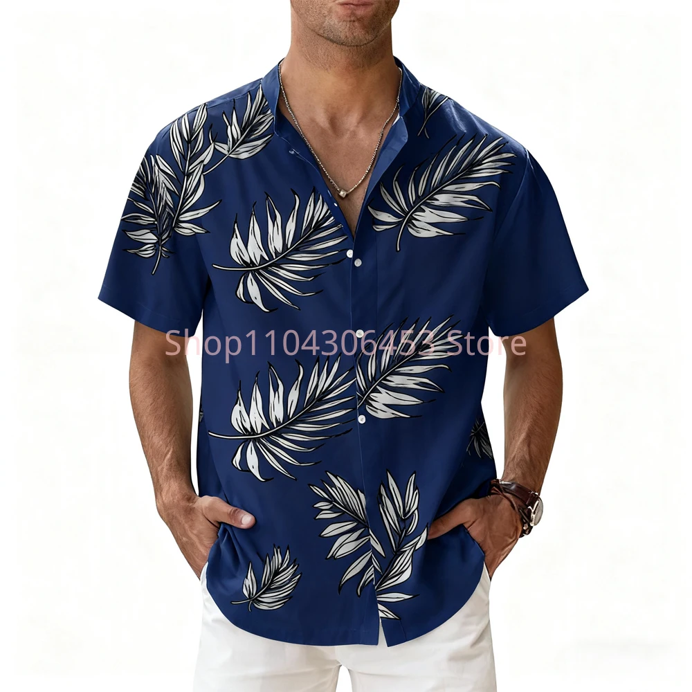 Men's 8-color Natural Leaves Flowers 3D Printed Short-sleeved Lapel Hawaiian Beach Vacation Thin Breathable Casual Shirt Top