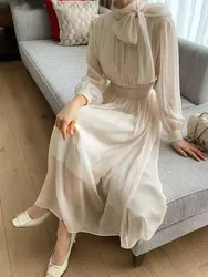 Korea Solid Long Sleeve Dress With Lace-up Autumn Elegant Simple Women Clothing Half High Collar Office Lady Casual Dress Chic