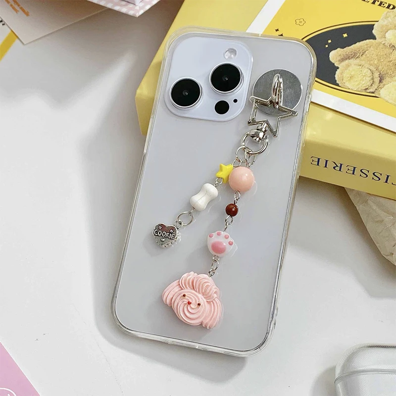 Ins Puppy Key Chain Sweet Star Phone Chain Keychain Cartoon Cream Dog Phone Pendant Headphone Case Charm Bag Decor Car Key Ring