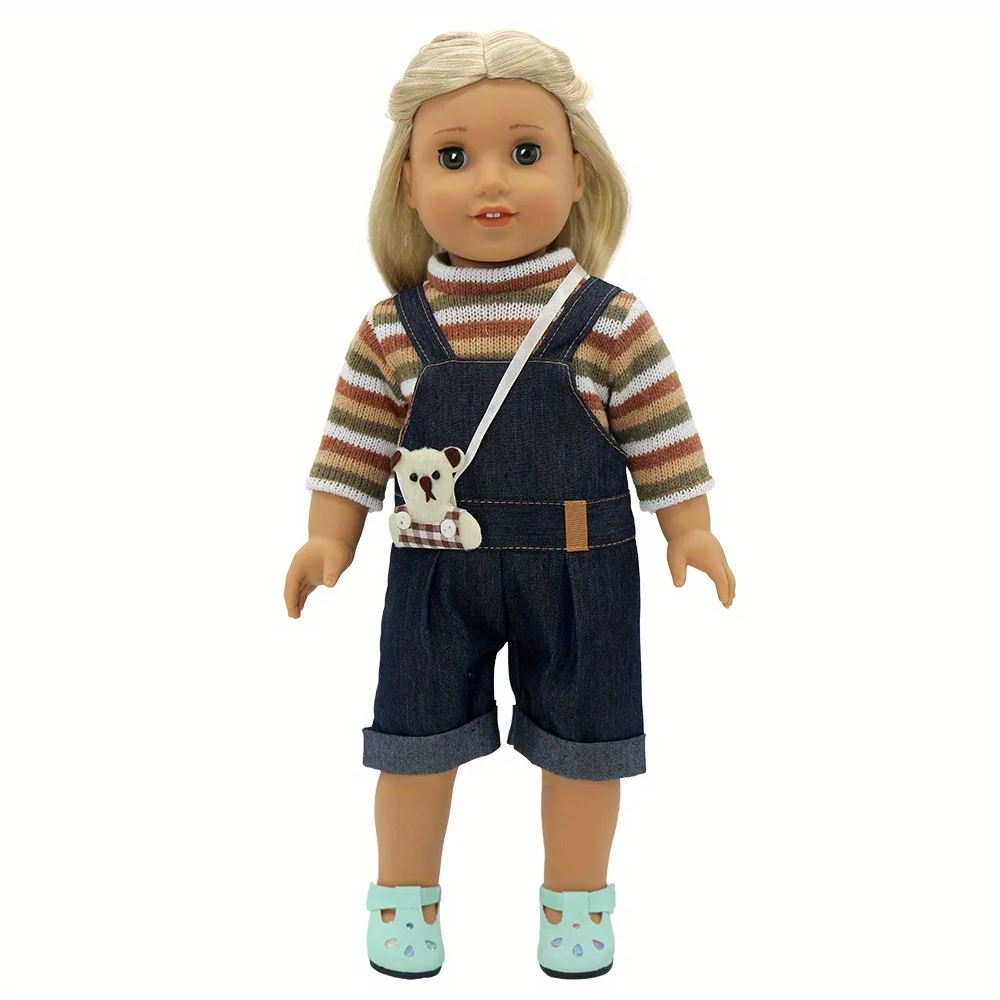 

Girl doll clothing suitable for 16-inch dolls(product does not include doll and shoes)Brown denim jumpsuit + brown bear backpack