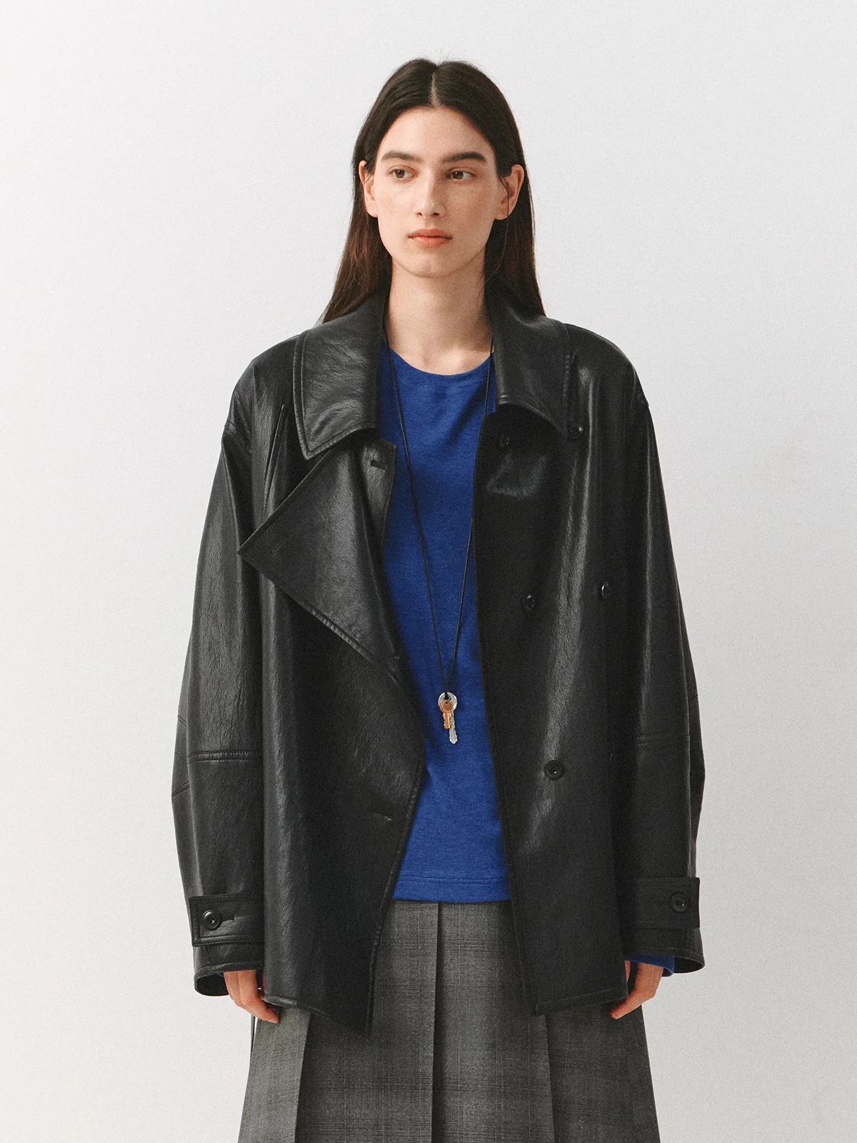 Pratica Giacca a Vento in Pelle PU a Doppio Strato con Collo Alto, Vestibilità Comoda, Calda, Nera, a Maniche Lunghe