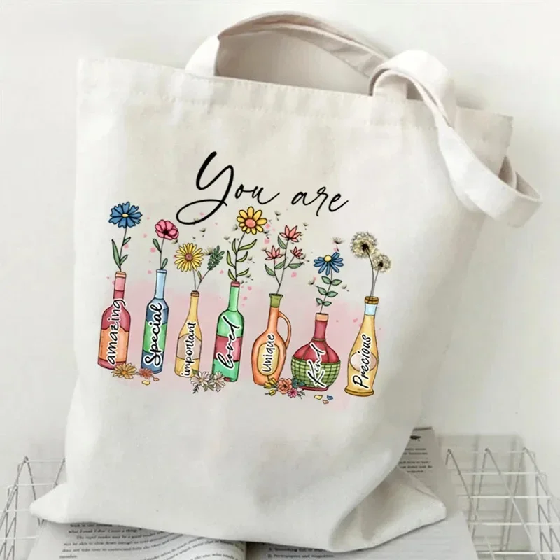 

God Says You Are Christian Bible Verse Print Shoulder Bag Women Religious Faith Canvas Shopping Bag Wildflower Design Tote Bags