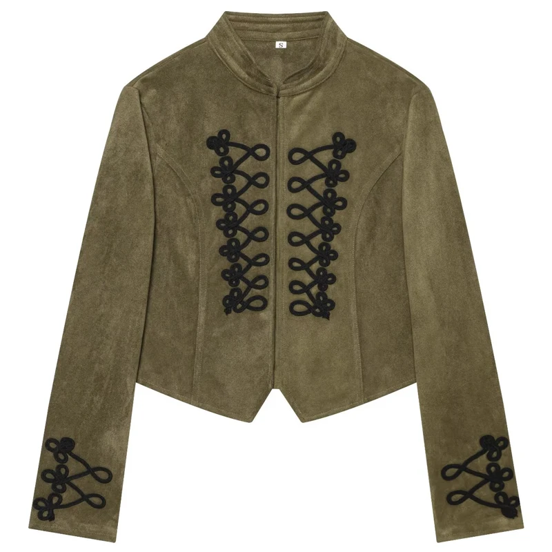 HXAO Faux Suede Cropped Jacket Women's Jacket Autumn 2026 Fashion Frog Knot Slim O-Neck Long Sleeve Coat Streetwear Outerwears