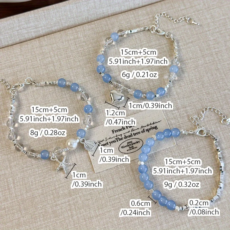 Starfish Heart Blue Glass Bead Silver Chain Bracelet 2025 New Style Bestie Bracelet Light Luxury Niche Jewelry