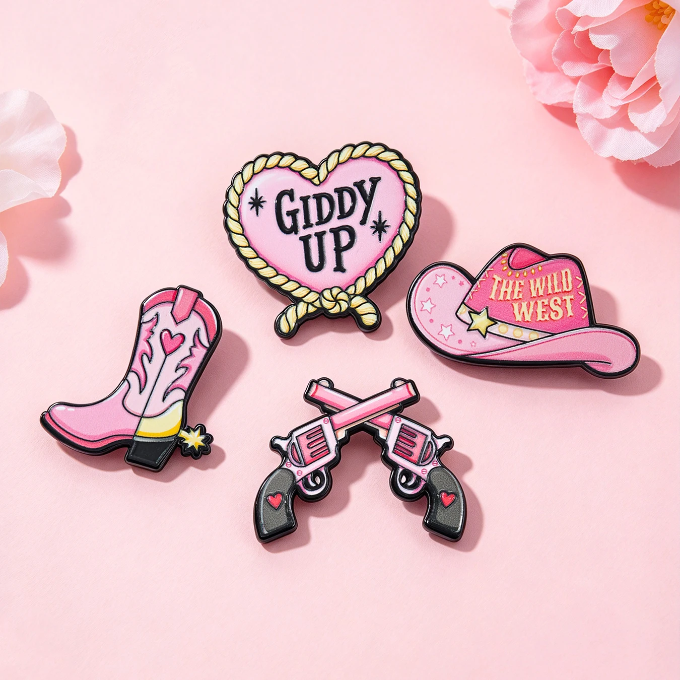 4Pcs Pink Western Cowboy Enamel Pins, Heart Cowboy Hat Boot Cartoon Brooch, Cute Decor Badge for Backpack & Clothes