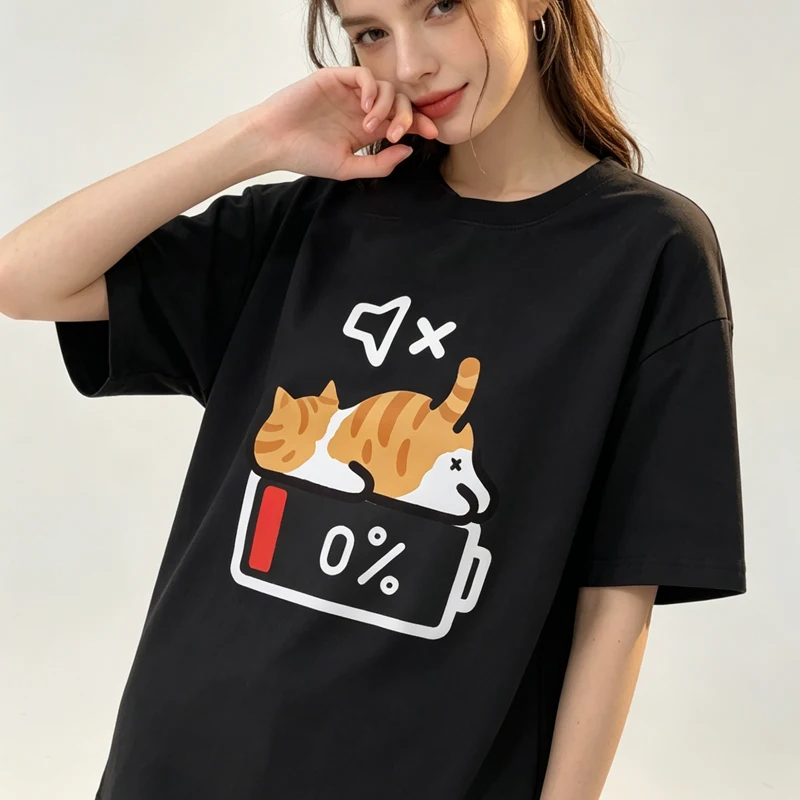 T-shirt décontracté à manches courtes style rétro avec imprimé chat, col rond, coupe ample pour femme enceinte, vêtements esthétiques streetwear
