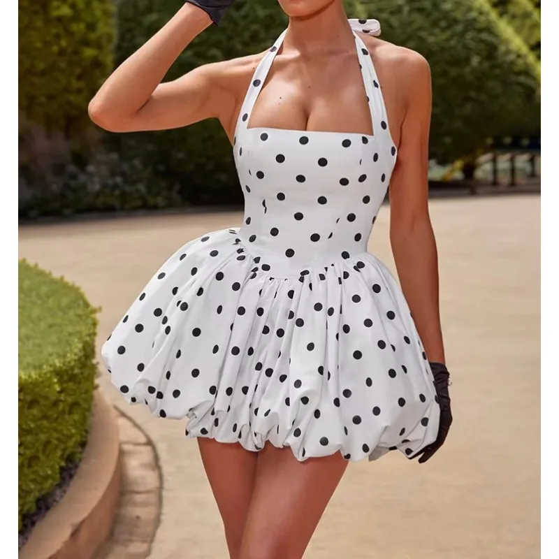 Print Polka Dot Short Dress Women Fashion Off-shoulder Sleeveless Backless High Waist A-line Club Party Dress