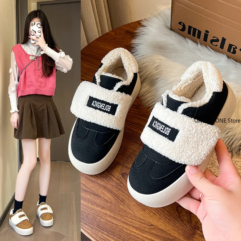 

Winter New Fashion Casual Cotton Shoes Sports Running Outer Wear Woolen Thick Sole Plus Velvet Platform Shoes for Women Flat