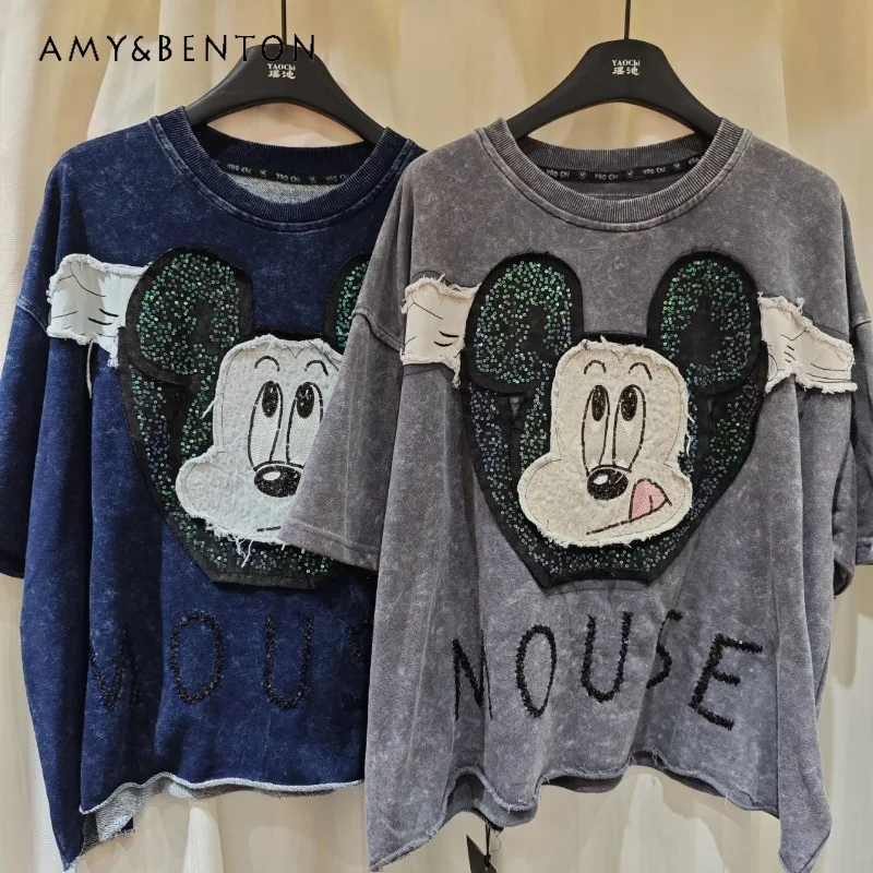 

American Style Heavy Embroidery Short Sleeved T-shirt New Pure Cotton Top Women's Trendy Brand Fashion Oversized Kawaii Tshirts