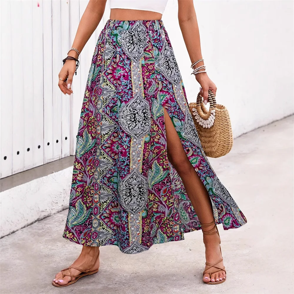 Bohemian Boho Retro พิมพ์ลายดอกไม้กระโปรงผู้หญิงพื้นบ้านอินดี้ฤดูร้อนเอวสูง A-Line จีบกระโปรงยาวสบายๆ Holiday Beach กระโปรง