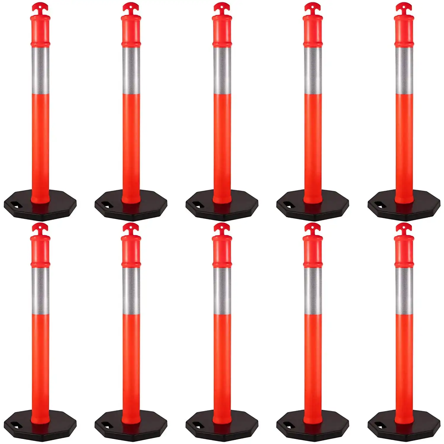 9Pack Traffic Delineator Posts 44 Inch Height, PE Delineator Cones Post Kit 10 inch Reflective Band, Delineators Post