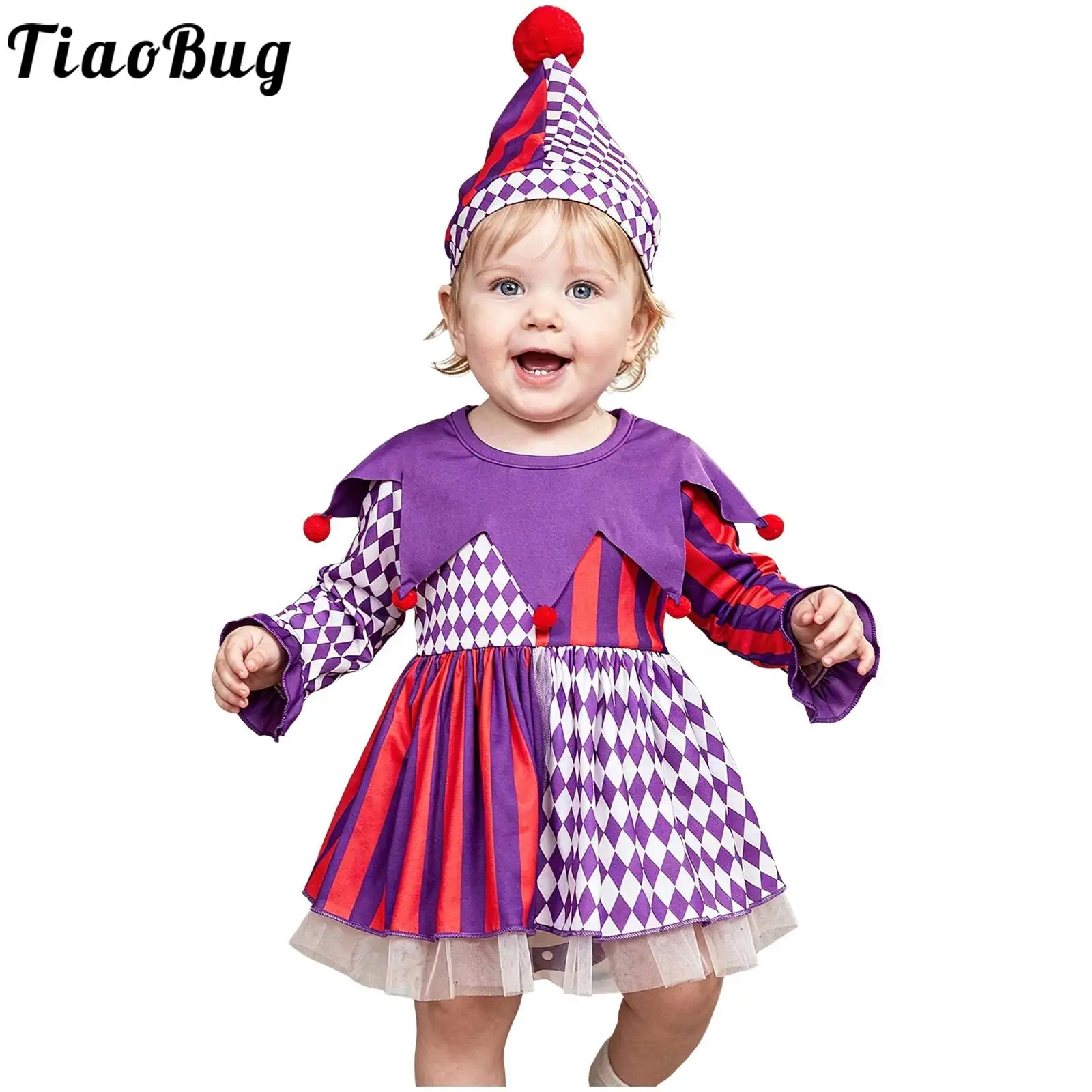 Toddler Baby Girls Halloween Circus Clown Cosplay Costume Long Sleeve Ruffled Layered Romper Dress with Hat Theme Party Dress Up